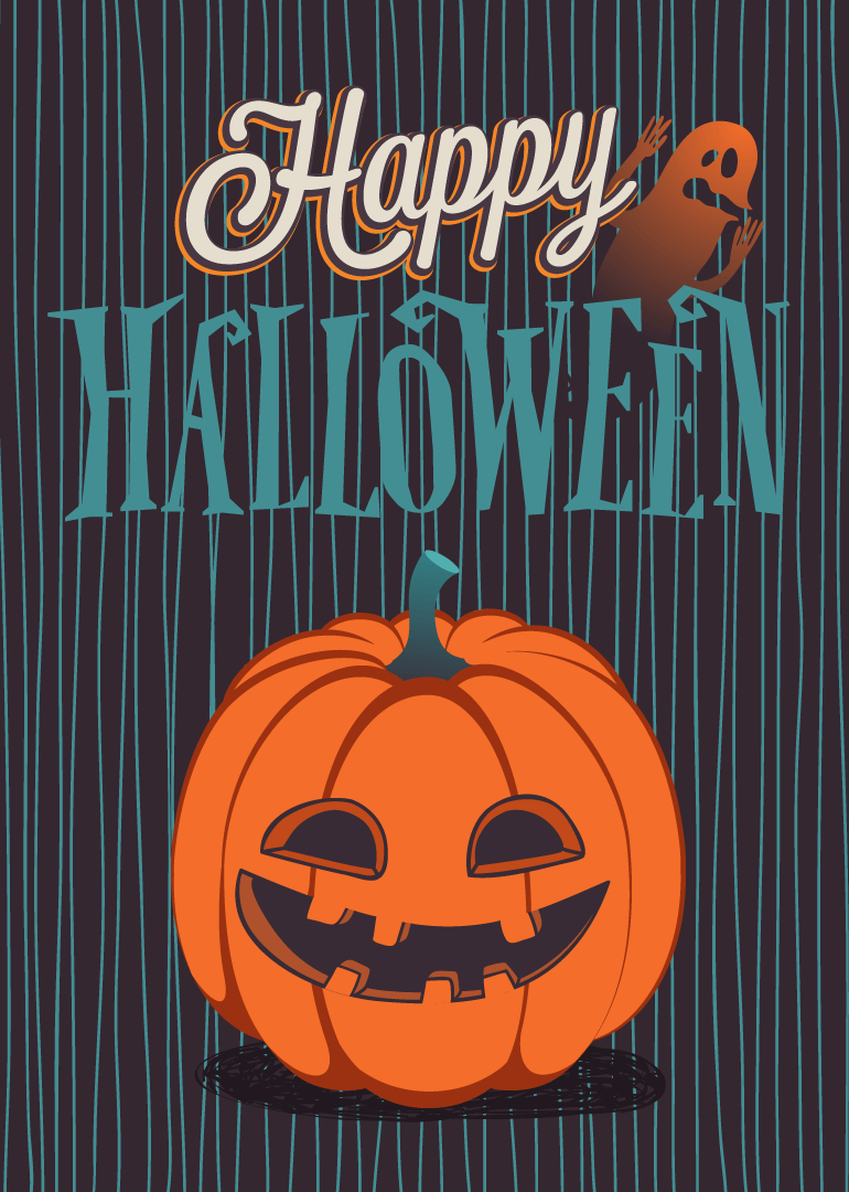 Halloween card with a smiling pumpkin, playful ghost, and 'Happy Halloween' text