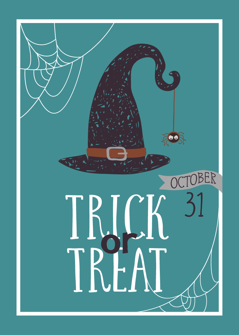 Halloween card with witch hat, spider, and 'Trick or Treat' text