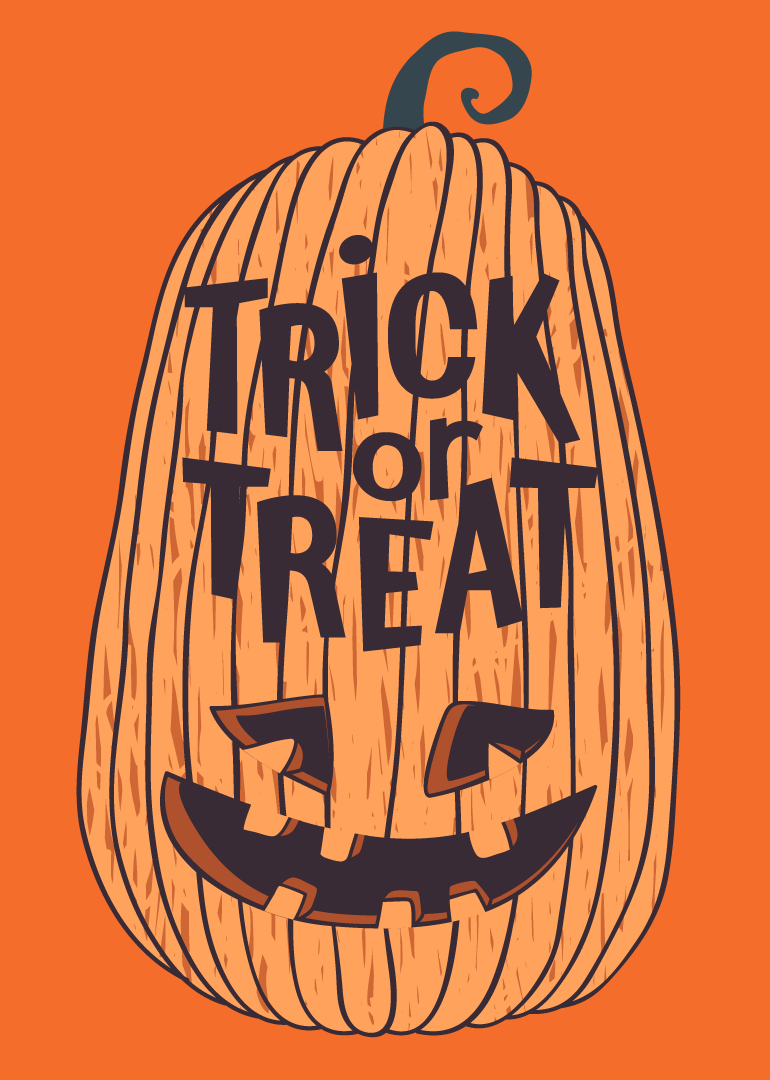 Halloween card with a carved pumpkin and 'Trick or Treat' text