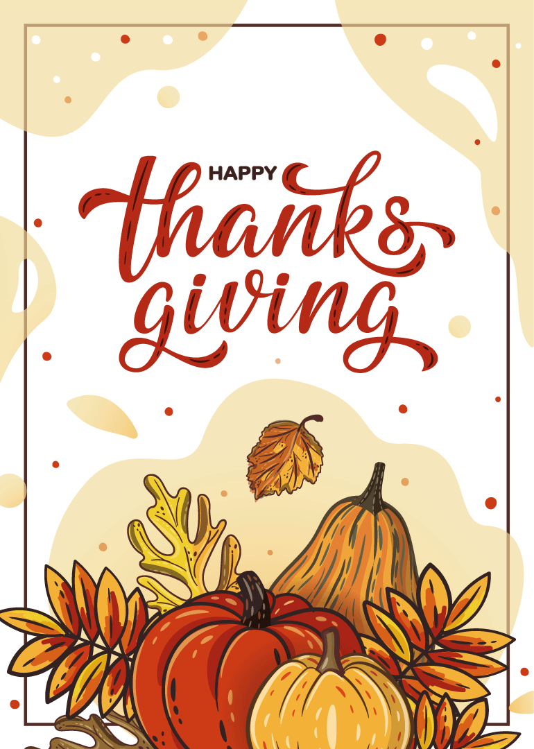 Thanksgiving card with 'Happy Thanksgiving' text, pumpkins, and autumn leaves.