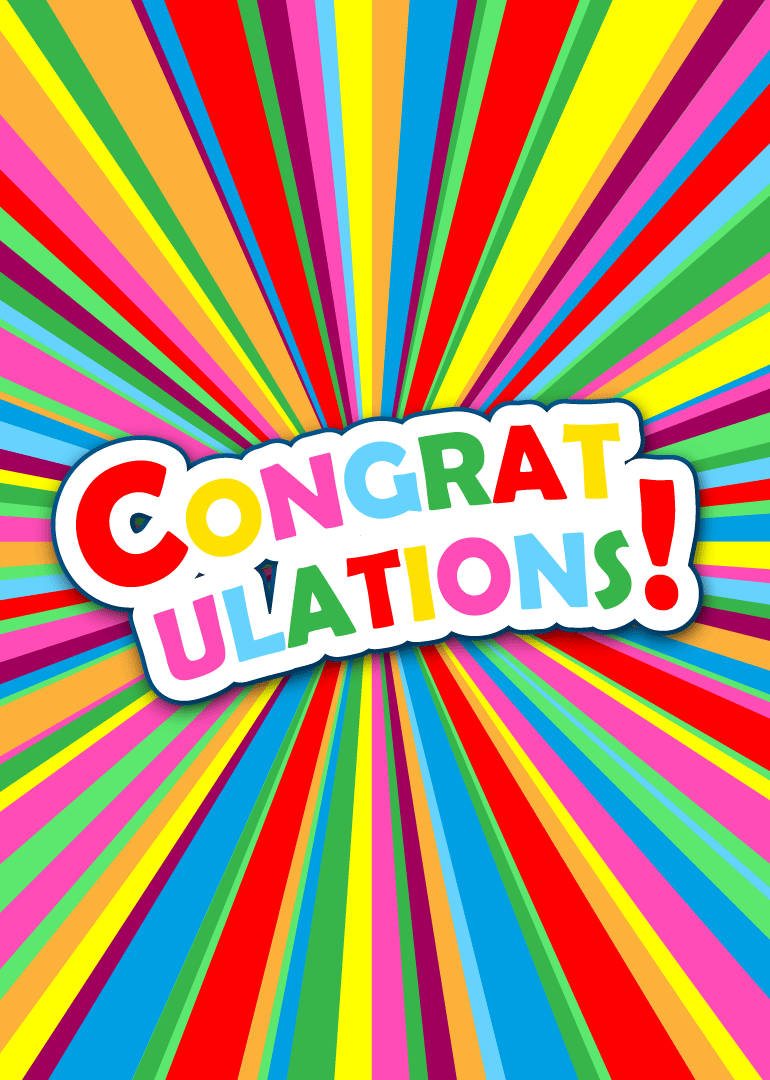 Colorful card with a rainbow burst and 'CONGRATULATIONS!' text