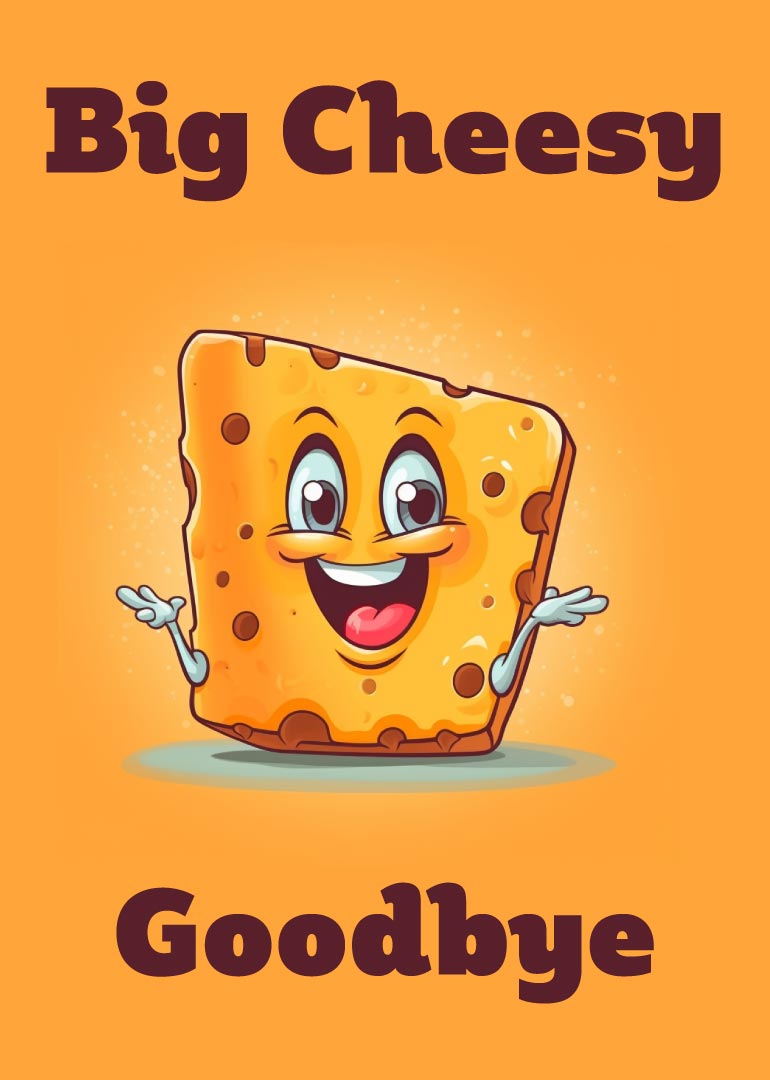Smiling cartoon cheese with arms on orange background saying big cheesy goodbye