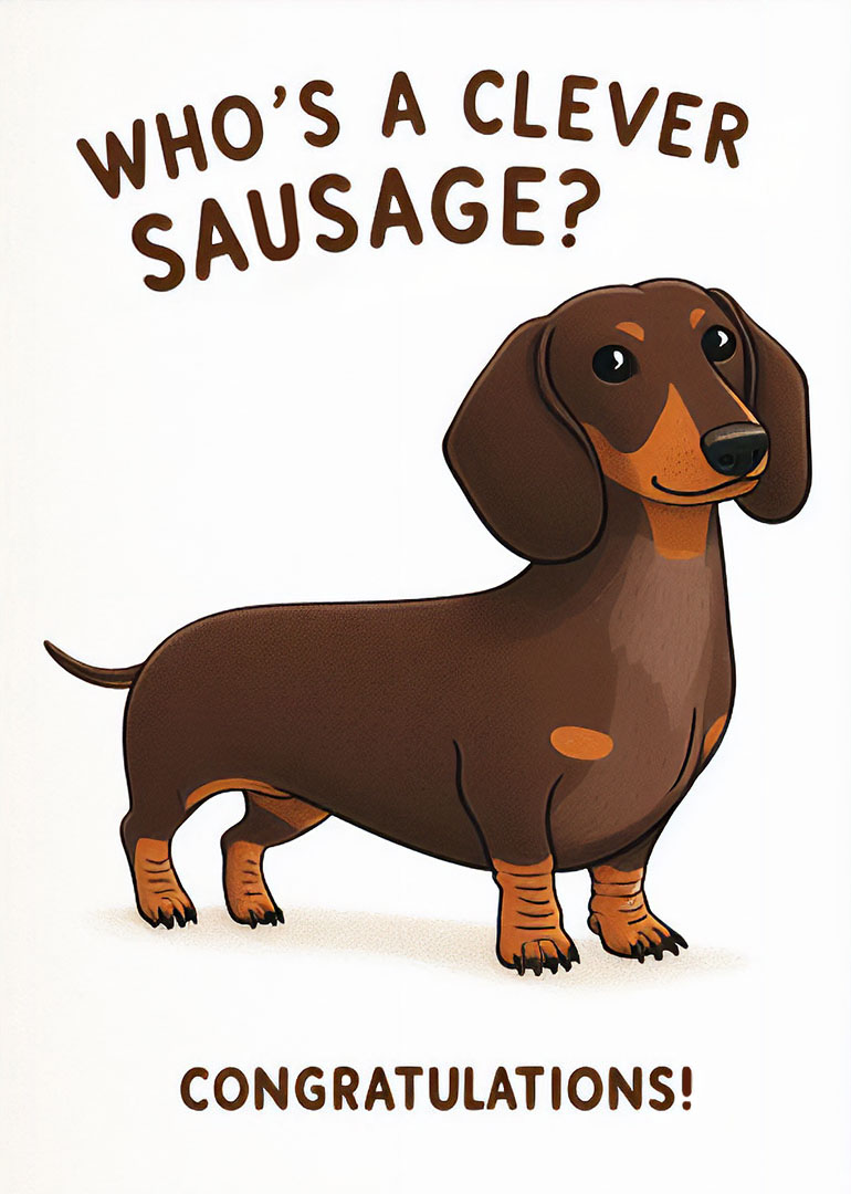 Illustration of a dachshund with 'Who's a clever sausage?' text