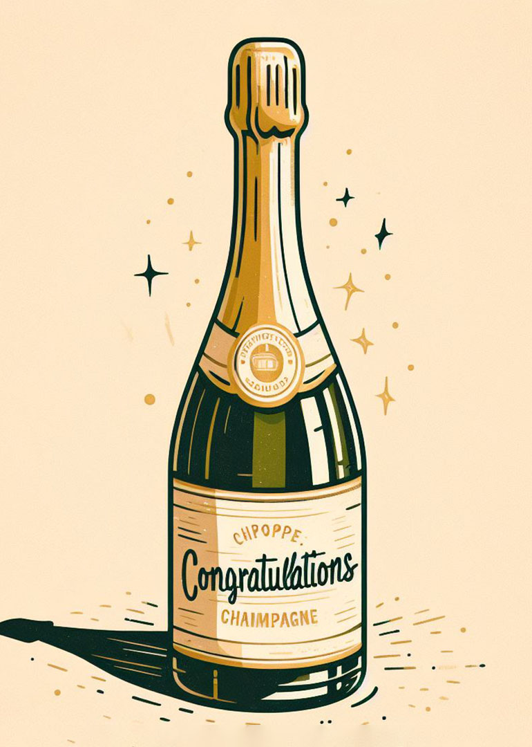 Illustration of a champagne bottle with 'Congratulations' text