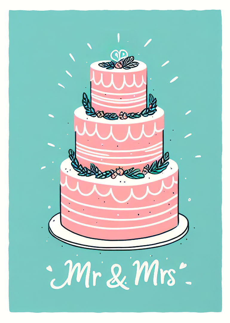 Illustration of a pink three tier wedding cake with floral decorations and Mr and Mrs text