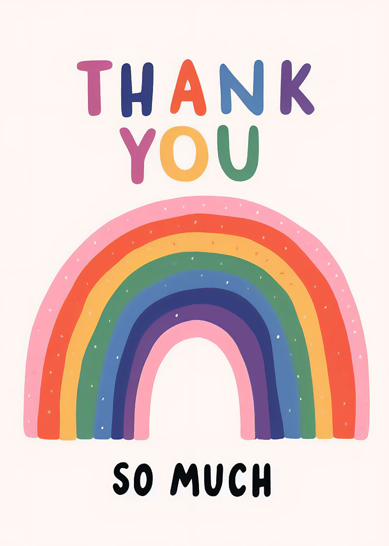 Colorful card with a rainbow and 'THANK YOU SO MUCH' text