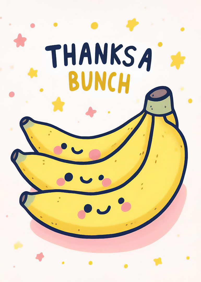 Cute bananas with faces and 'Thanks a Bunch' text on a starry background