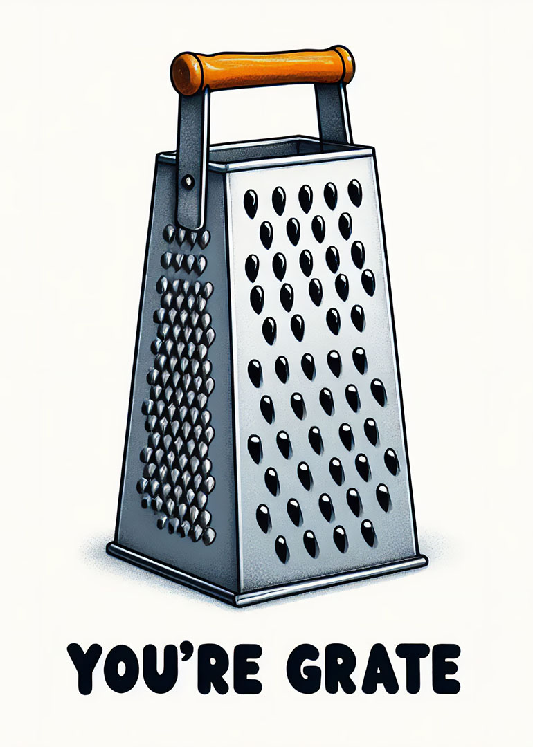 Illustration of a cheese grater with the pun 'You're Grate'