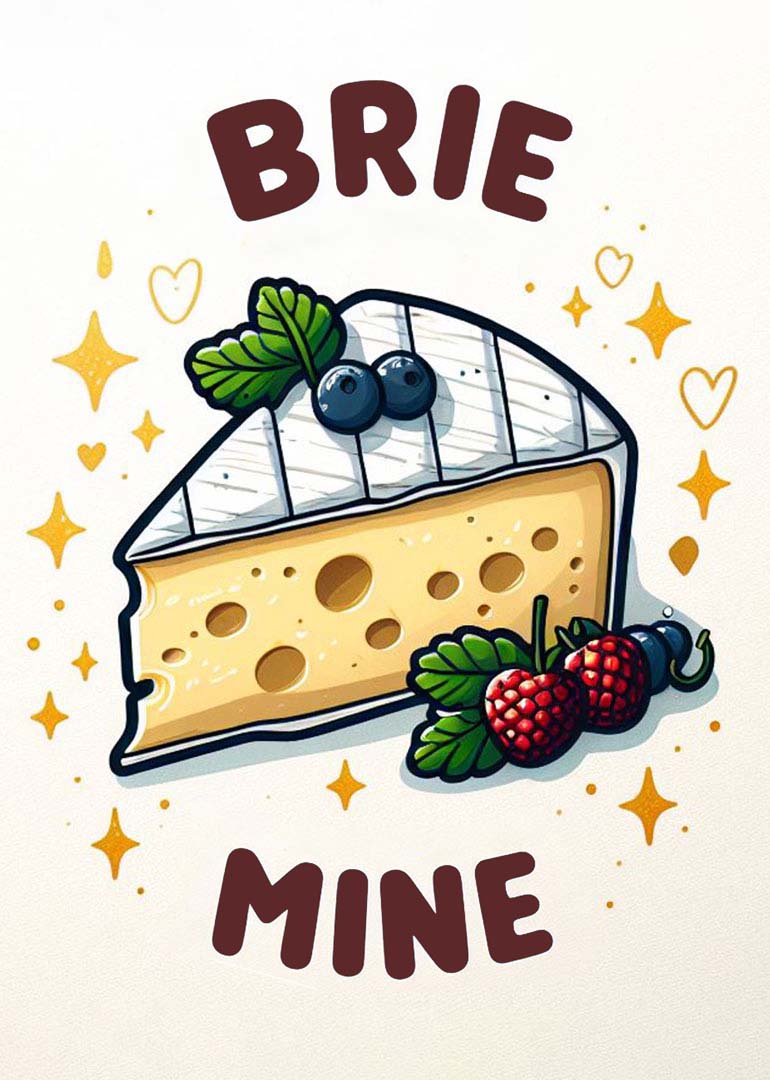 Illustration of brie cheese with berries surrounded by hearts and sparkles