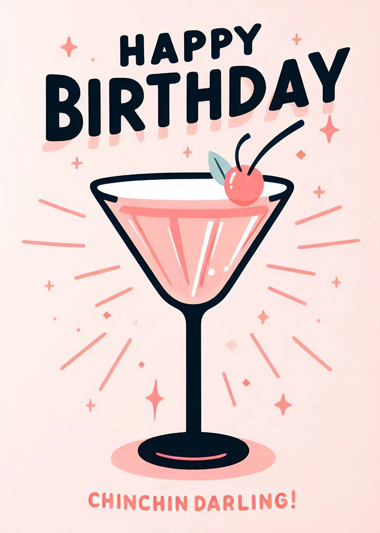 Chic Cocktail Glass Happy Birthday Card with Cherry