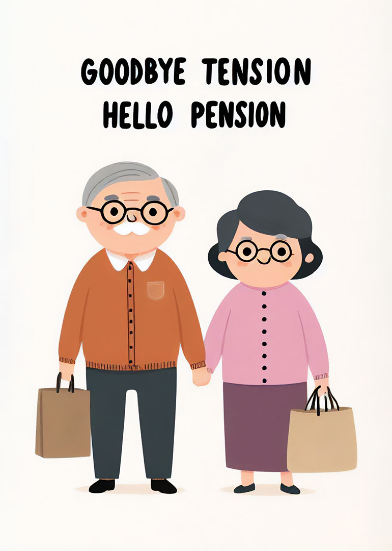 Illustration of elderly couple, text 'Goodbye Tension Hello Pension'