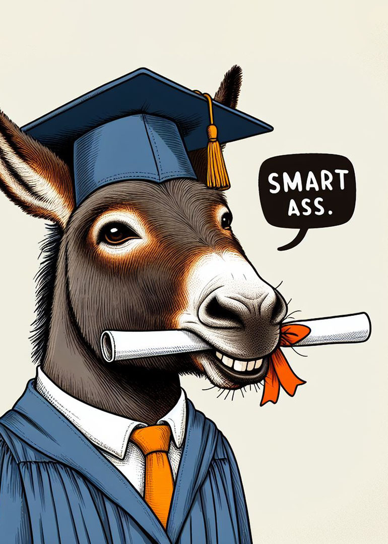 Illustration of a donkey in graduation cap with diploma