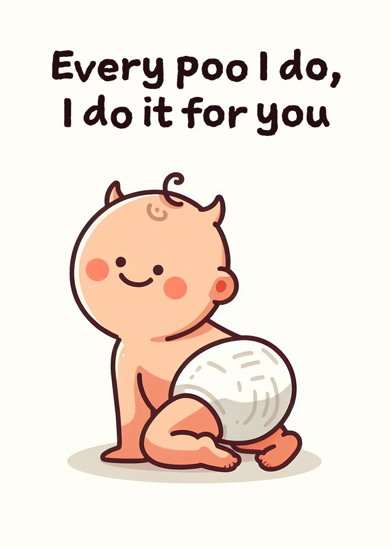 Smiling crawling baby in diaper with funny poo pun text above