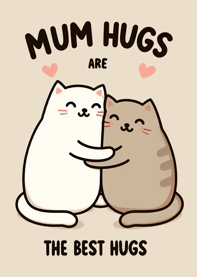 Two cartoon cats hugging with 'MUM HUGS' text