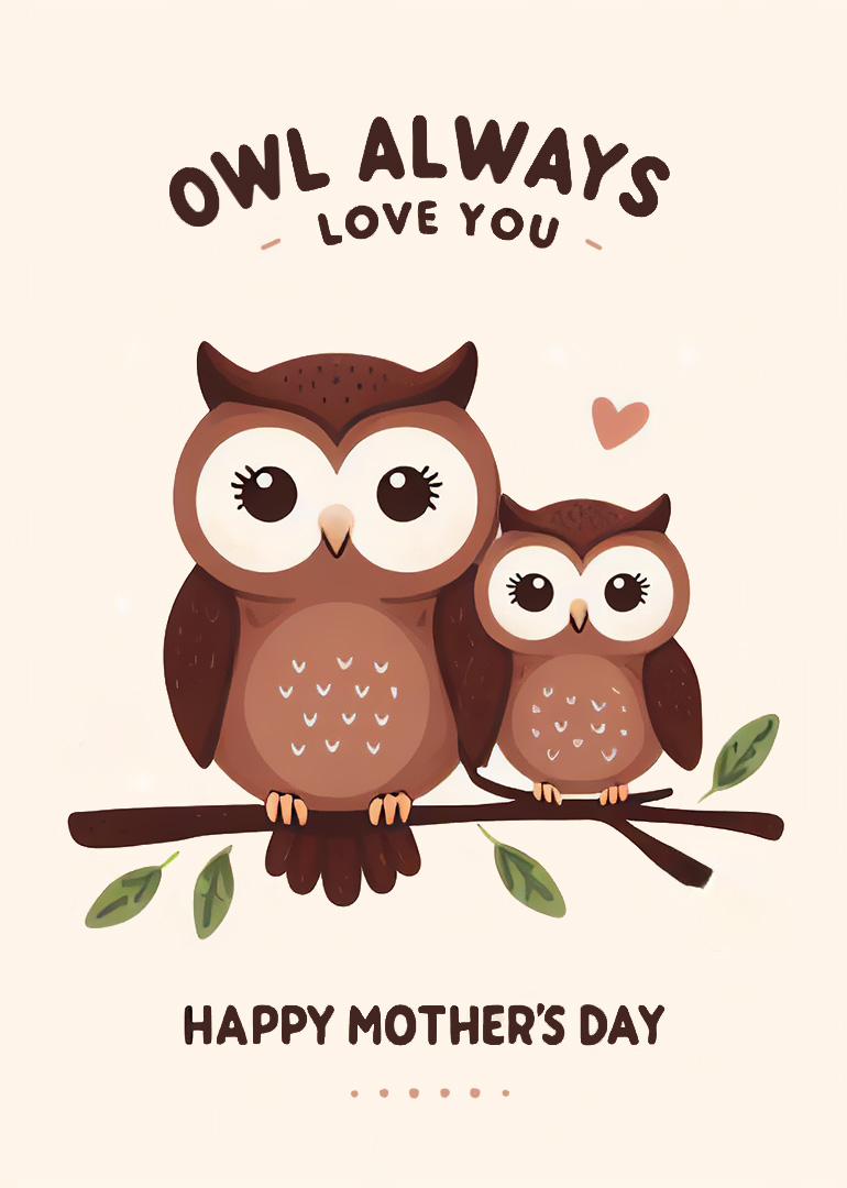 Mother's Day card with two cute owls on a branch