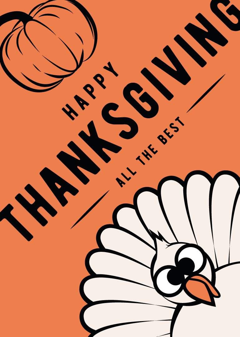 Thanksgiving card with a turkey, pumpkin, and 'Happy Thanksgiving' text