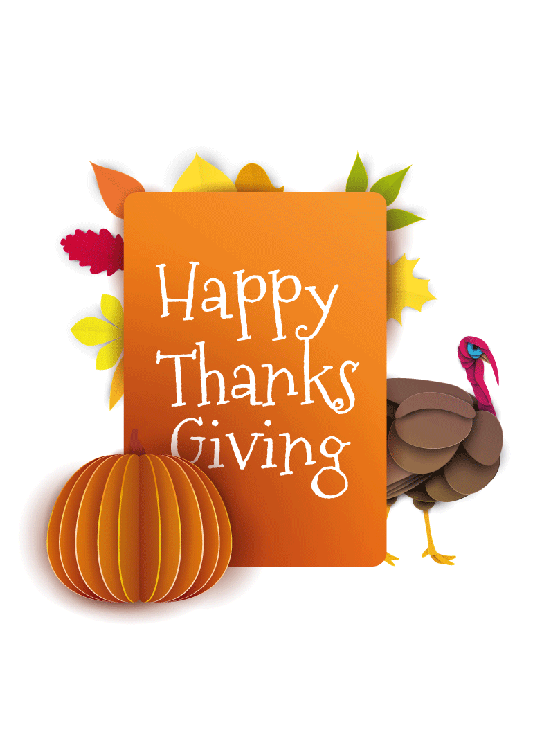 Thanksgiving card with a turkey, pumpkin, and autumn leaves