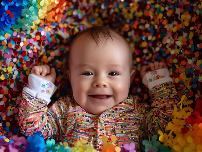 A baby surrounded by rainbow confetti