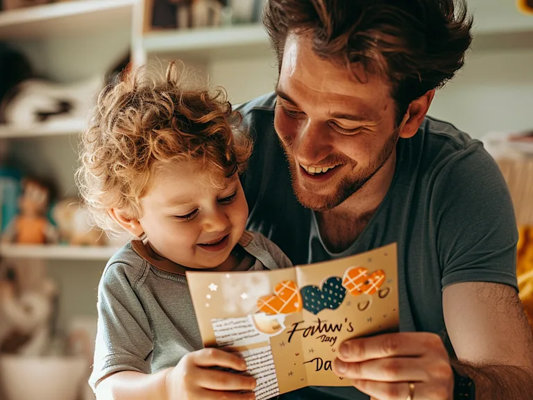 Photograph of a young father opening a father's Day card, with a smile on his face