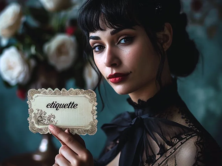 Woman holding a card with the word etiquette on it