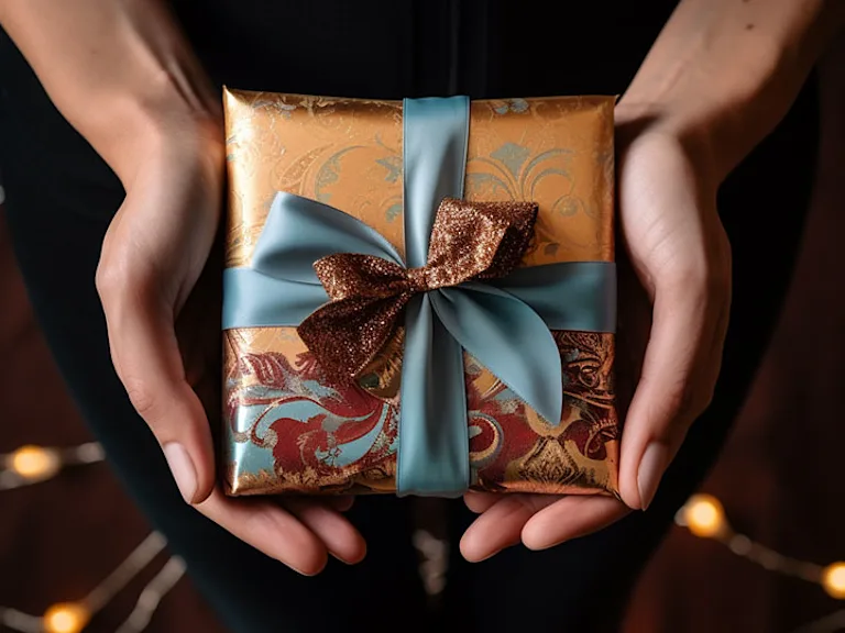 Photograph of a person holding a beautifully wrapped dinner party gift