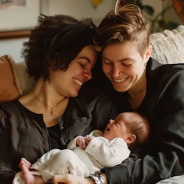 Two LGBTQ+ parents holding their new baby