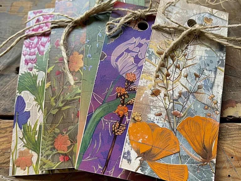 Handcrafted bookmarks and gift tags made from old greeting cards, showcasing creativity and sustainability