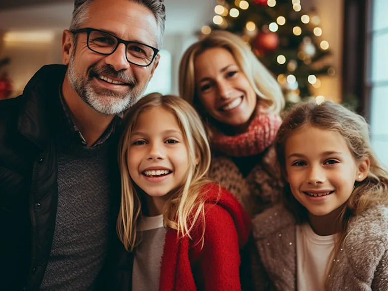 Family standing in front of a Christmas tree