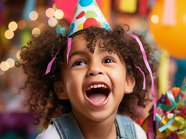Photograph of smiling child wearing a party hat and blowing a whistle with colorful decorations in the background