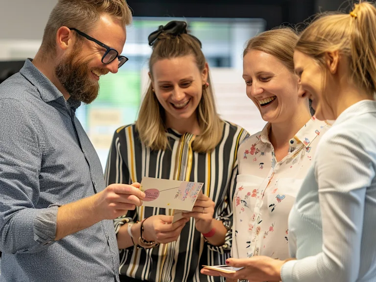 Boss and colleagues sharing smiles and laughter over a leaving card