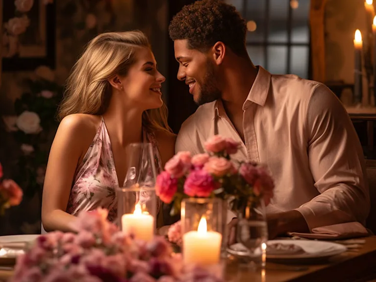 Photograph of a couple on a quaint dinner date setup with soft lighting, flowers, and a hint of chocolate indulgence